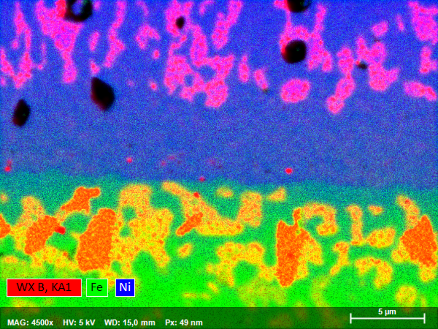 Composite elemental map showing a dispersion layer of nickel phosphorus and boron above the iron steel layer, which also contains some boron