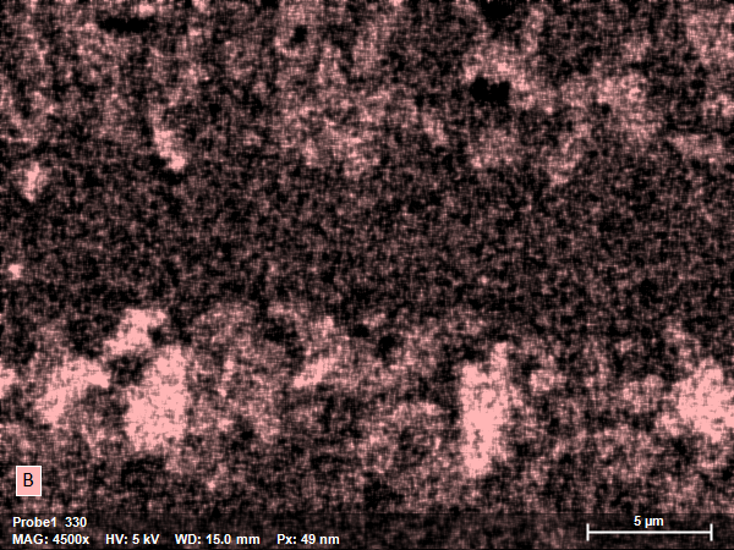 Single element distribution map of boron - regions of higher boron concentration can be identified but their borders are fuzzy because the entire image contains noise