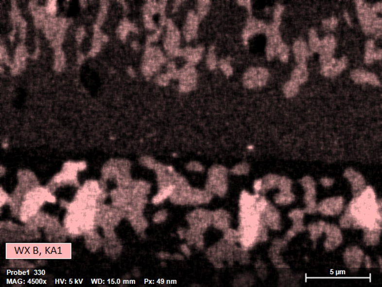 Single element distribution map of boron in steel interface acquired using SEM WDS. Boron containing regions can be identified thanks to clear signal with low noise.