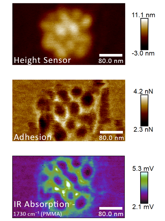 3-image panel showinf dPS-b-PMMA core-shell assembly height, adhesion, and IR absorption maps