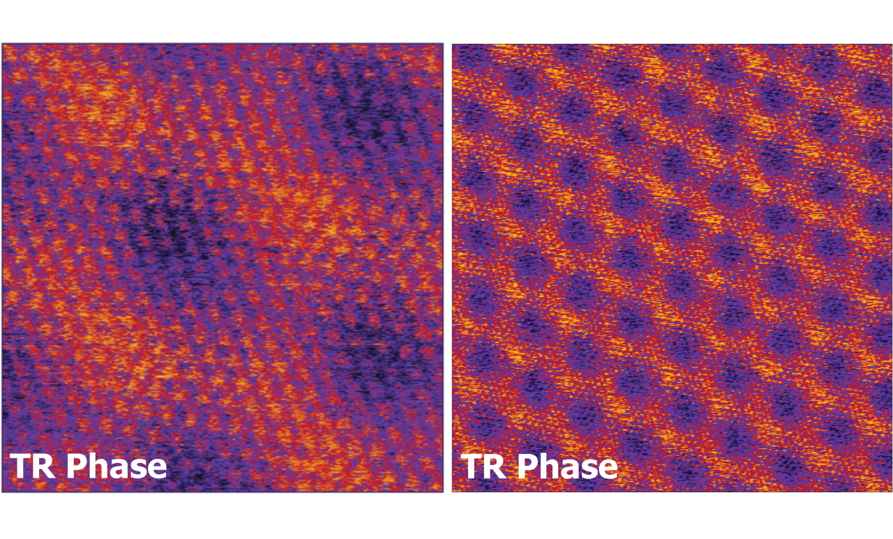 TR-DFM of moiré patterns formed in a layer of graphene atop hexagonal boron nitride (hBN) in air, at room temperature. 