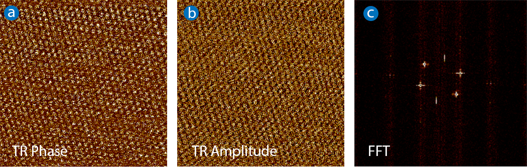 An atomic lattice on freshly cleaved HOPG resolved with TR-DFM. The image size is 10x10 nm and was acquired using a Dimension Icon AFM and a FESPA-V2 tip with 843 kHz contact (torsional) resonance frequency. 