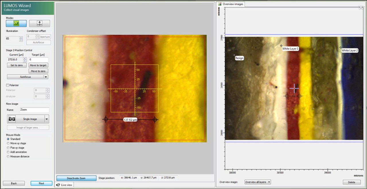 Captura de pantalla del software OPUS: Inspección visual de muestras para la adquisición de información general visual única y montada.
