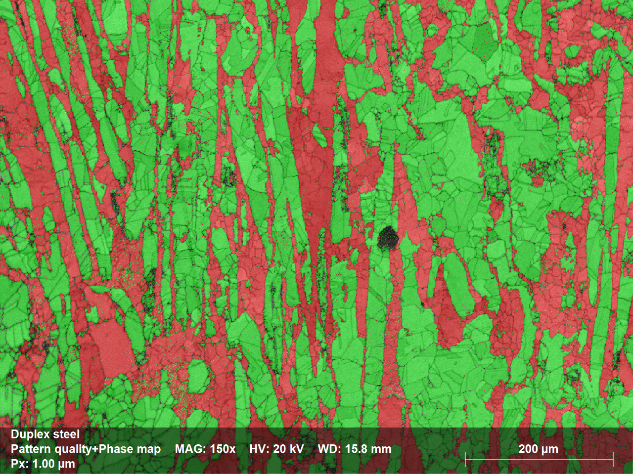 Phasenverteilungs-Map. Ferrit-Phase in rot mit einem Phasenanteil von 39 % und Austenitphase in grün mit einem Phasenanteil von 61 %. Map-Zeit: 18:01 min, Map-Größe: 548.000 Pixel, Nulllösungen: 5,7 %. Keine Datenbereinigung!