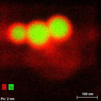 Elementverteilungsbild von Silizium-Nanopartikeln mit Kohlenstoff (rot) und Silizium (grün)