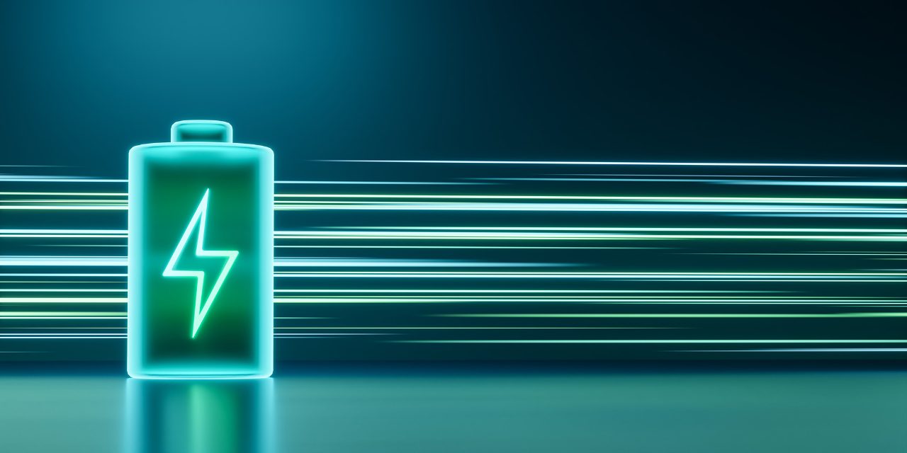 Glowing green power neon futuristic energy storage, high capacity rechargeable lithium ion battery, 3D rendering light trail of future electric vehicle clean energy technology concept
