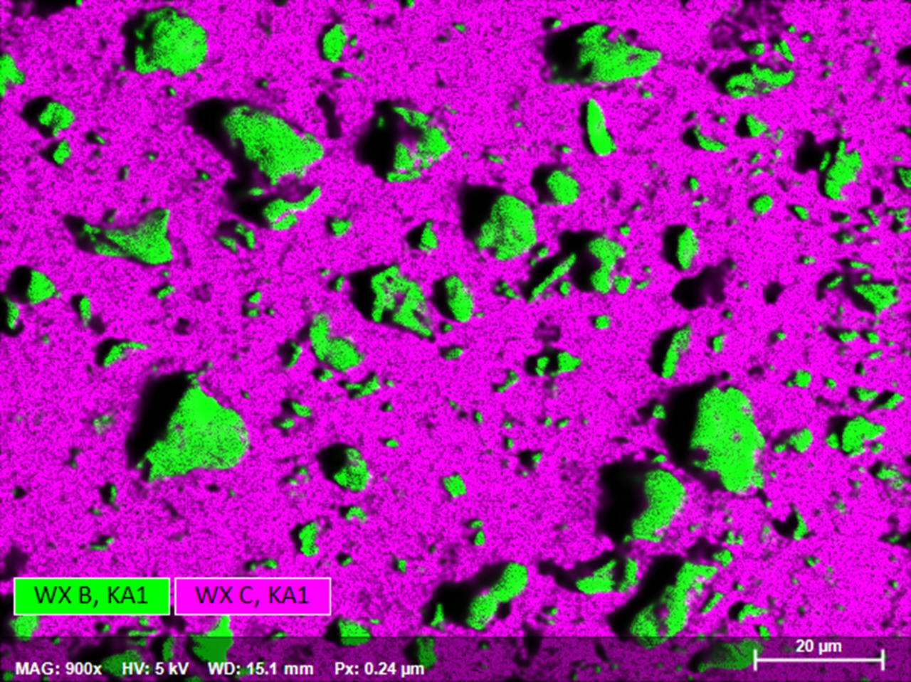 WDS map showing the elemental distribution of boron and carbon within a sample