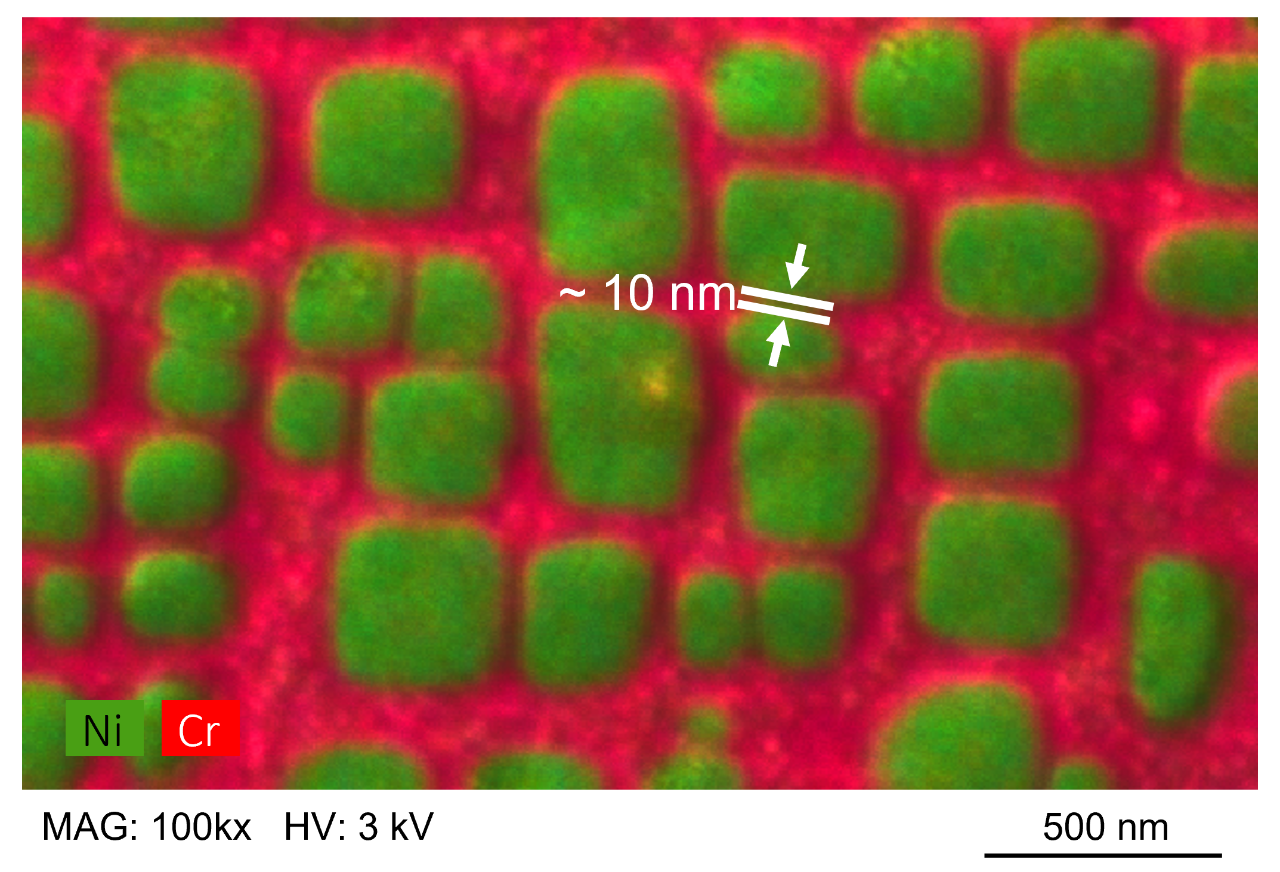 Distribution of Ni and Cr in Ni-based single crystal super alloy acquired at high magnifications in SEM 