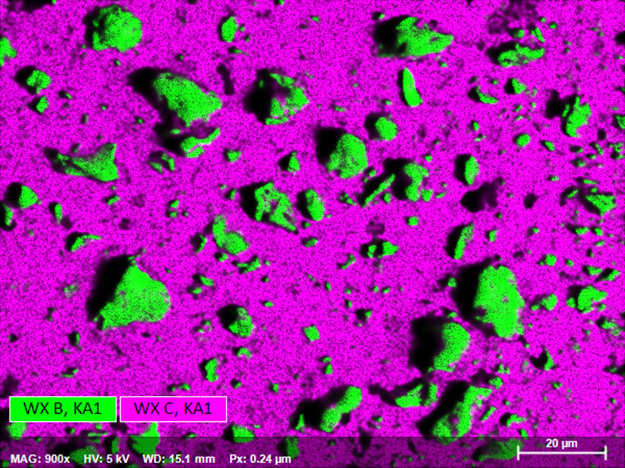 Elemental map of the different light elements present in zirconium boride particles that are embedded into an epoxy resin