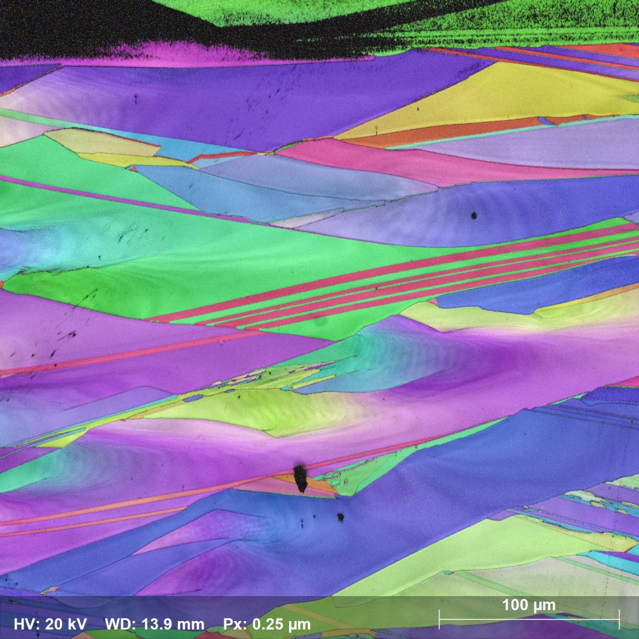 orientation distribution map of an amorphous Si film crystallized by laser beam scanning (IPF Y map)