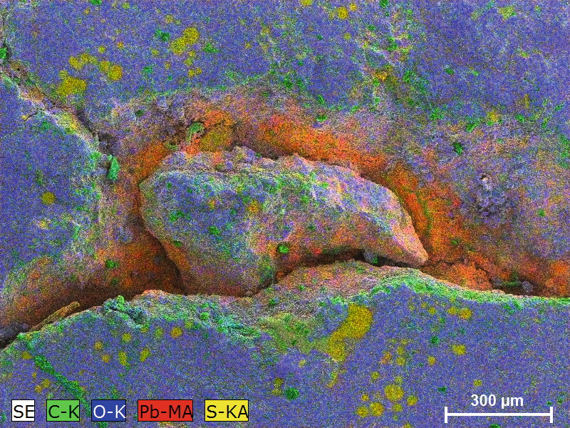 Mocs historic meteorite: Composite net intensity map showing sulfur and lead deposides in the cracks of the meteor