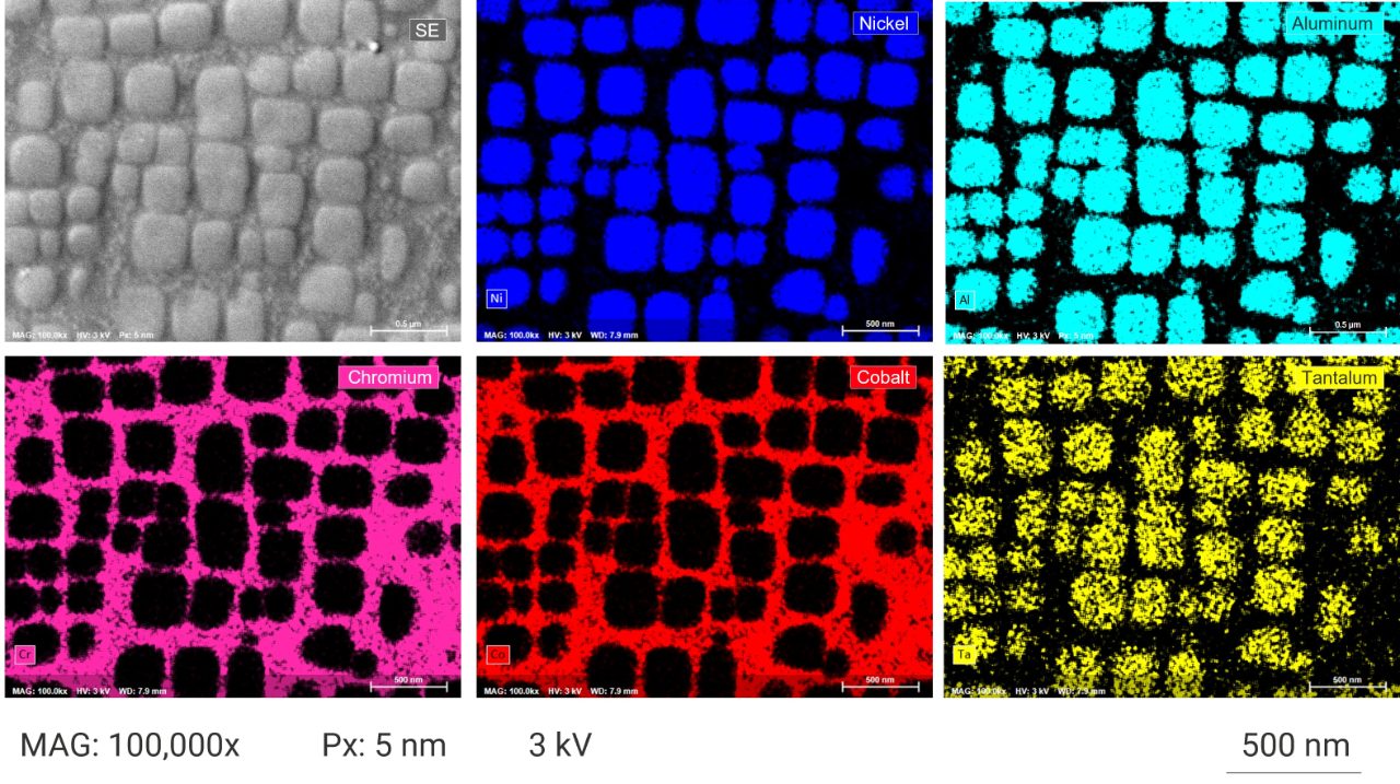 Low kV EDS mapping of Nickel-based single crystal superalloy