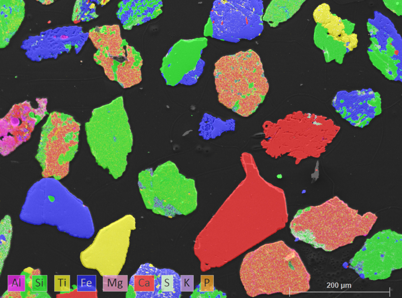 single frame EDS map captured in seconds showing elemental distribution of minerological samples
