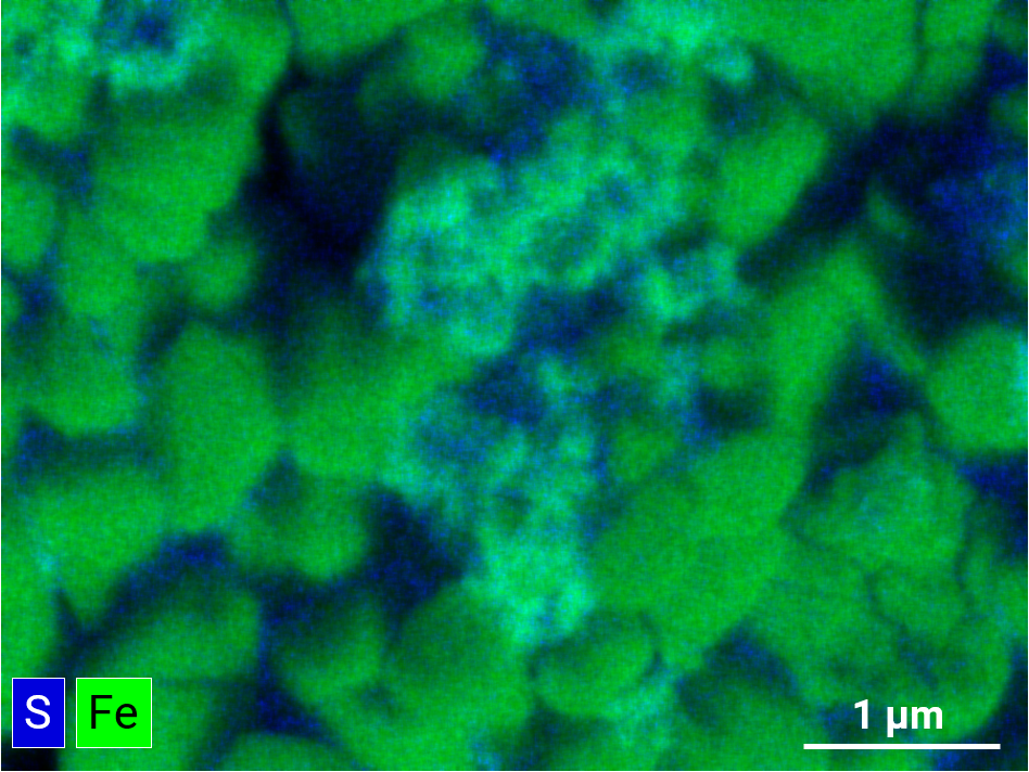 SEM EDS elemental map of sulfur and iron on battery surface. The use of an annular EDS detector means that granular structres can also be mapped
