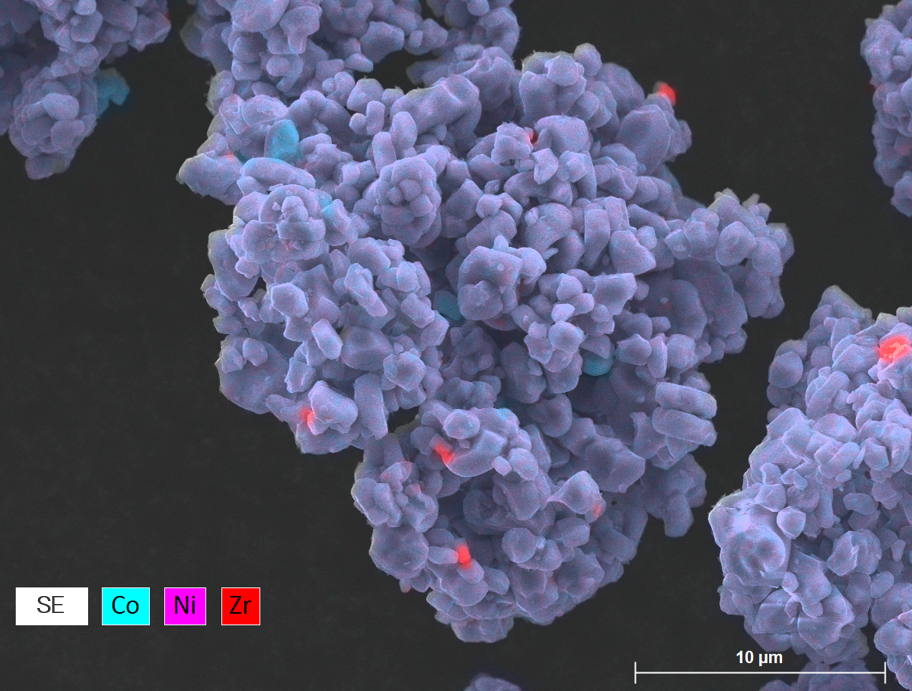 EDS elemental map of NMC cathode material showing Zircon contamination