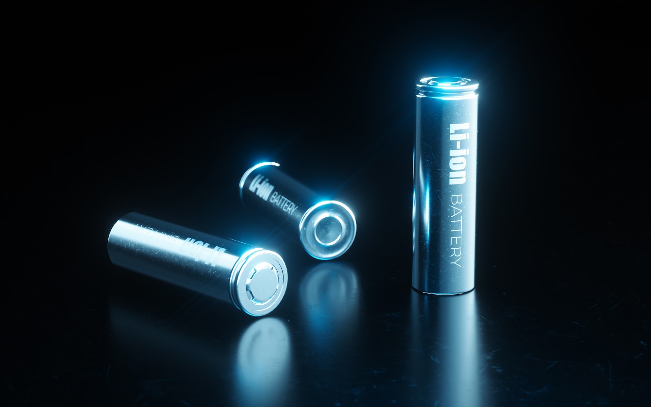Close up concept of modern metal lithium ion battery cell used in electrical vehicle battery pack in blue light on black metal background. 3d rendering.