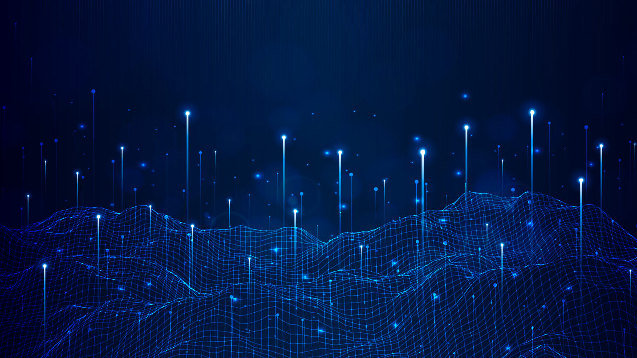 Abstract blue digital landscape with glowing grid waves, vertical light beams, and scattered luminous nodes against a dark navy background.