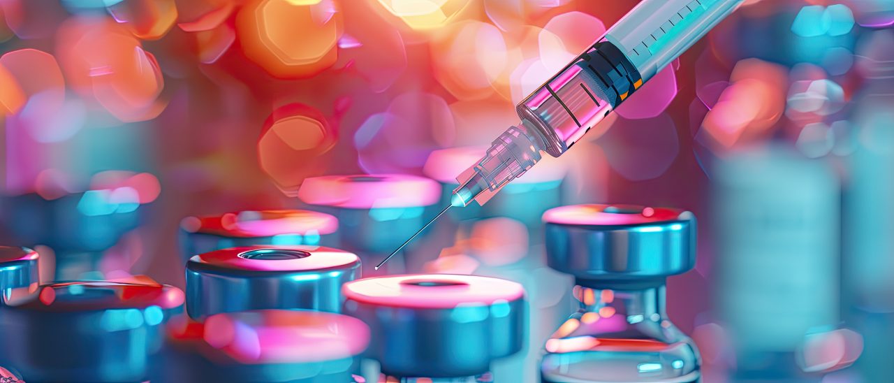 Detailed view of a syringe drawing vaccine from a vial, critical moment in healthcare