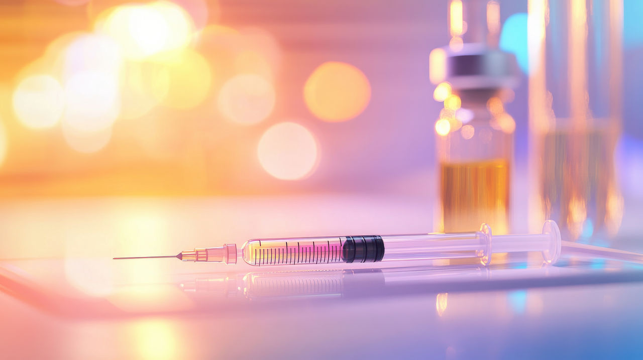 Close-up of a syringe and vial on a reflective surface with soft bokeh background, suggesting medical use
