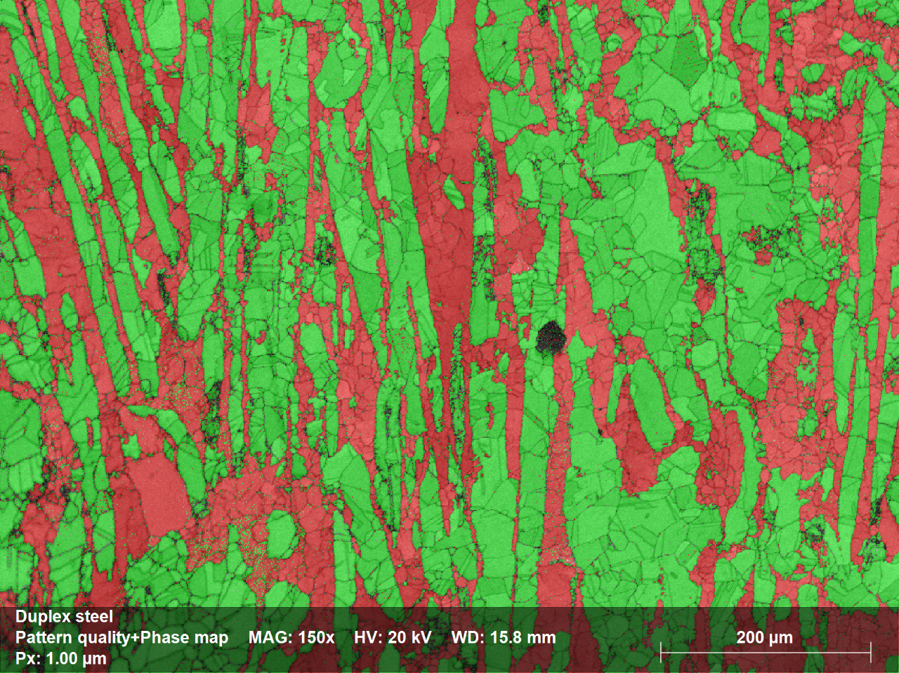 Phase Distribution Map showing Ferrite phase in red and Austenite phase in green; phase ratio was 39% and 61% respectively; mapping time: 18:01min, Map size: 548,000pixels, zero solutions: 5.7%. No data cleaning applied!