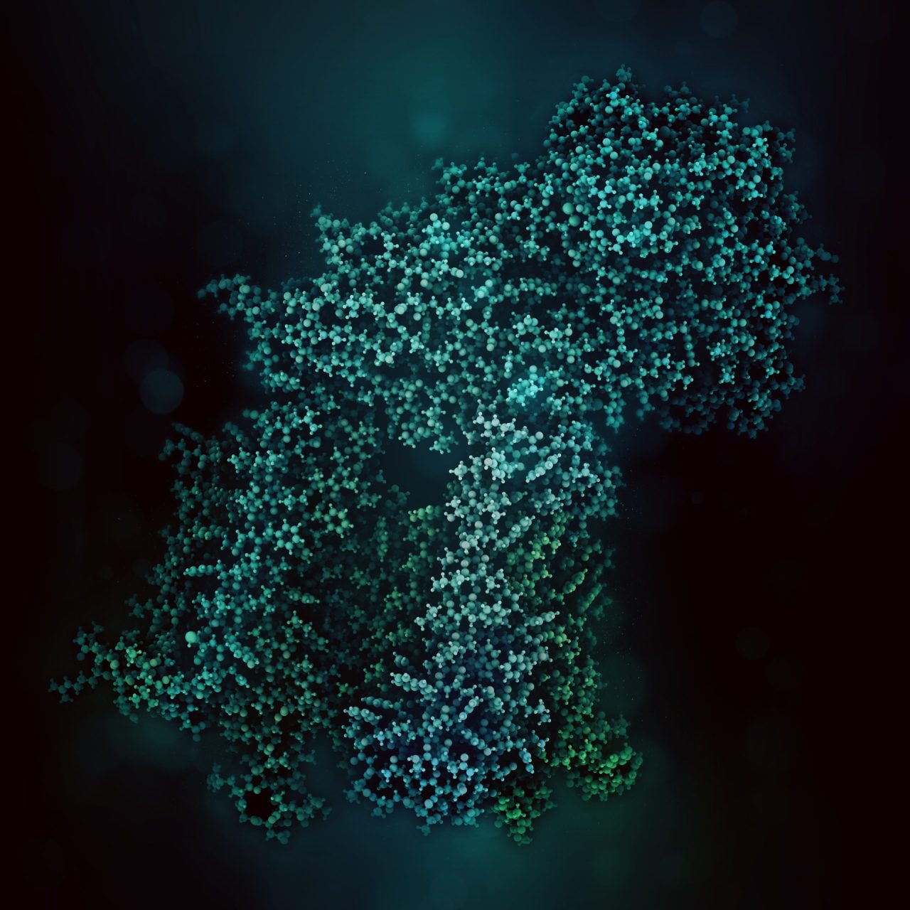 Teal molecular structure visualization representing NMR structural biology and protein analysis.