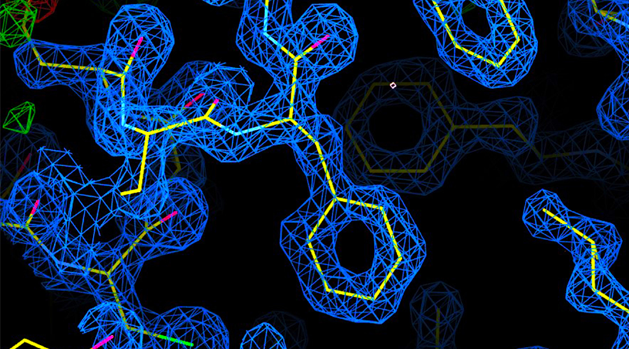 molecular diagram showing atomic backbone and electron cloud of an API created using single-crystal X-ray diffraction data