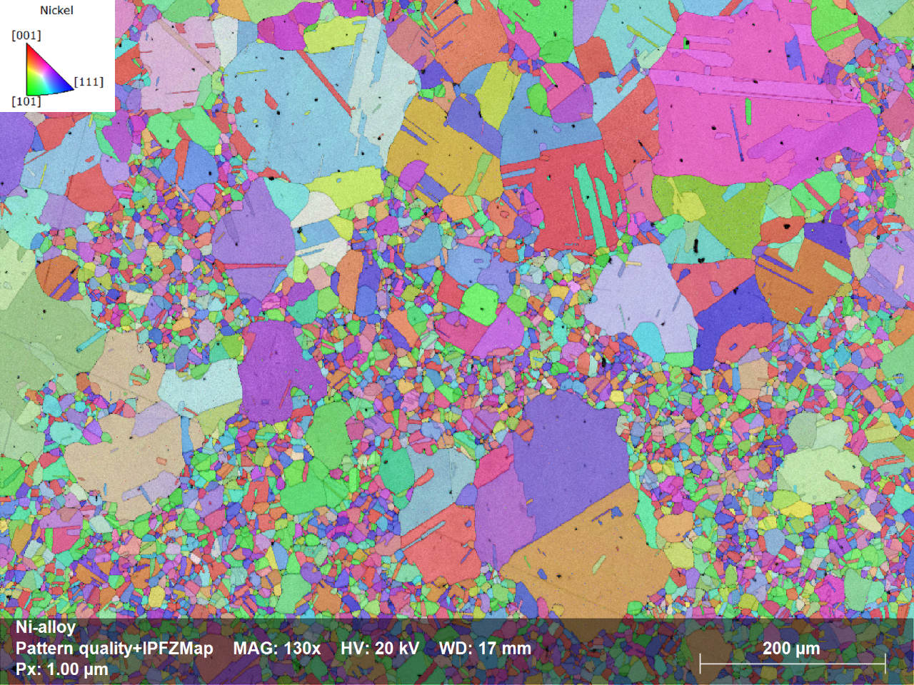 Crystal orientation map of the Ni-alloy sample, displaying the orientation of each grain by relating the color code described in the upper left corner with the sample surface normal; acquisition speed: 510frames/sec, zero solutions: 1.3%. No data cleaning applied!