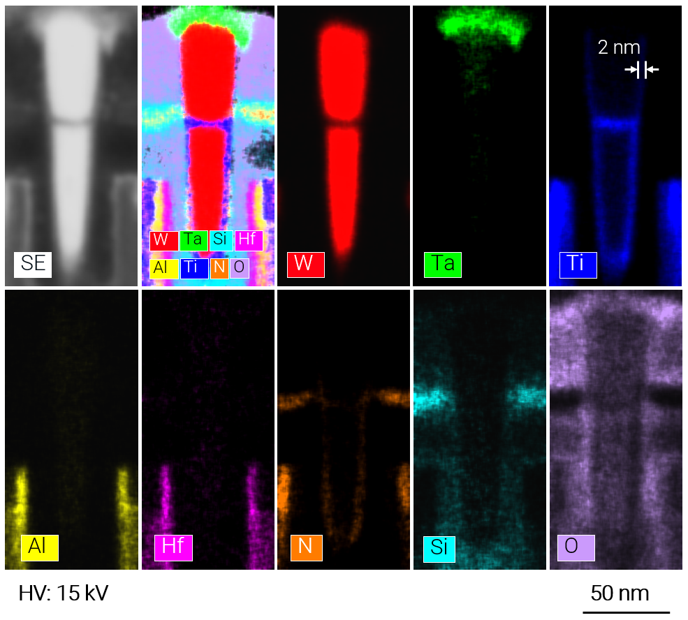 Elemental maps of FinFET structure taken using ultra-high spatial resolution EDS