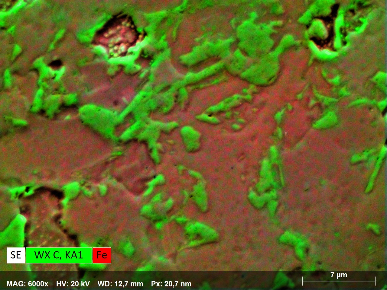 X-ray element distribution map for C and Fe acquired on a dual phase steel (sample courtesy of TU Eindhoven)