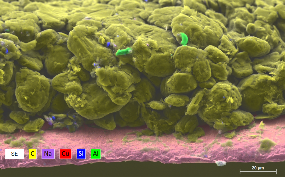 电极表面污染物元素分布图。即使在电极裂缝内部，也能采集完整信息。