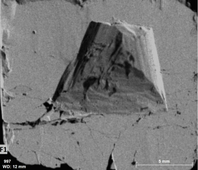 Image of a 3D feature on a pyrite crystal taken using micro-XRF on SEM