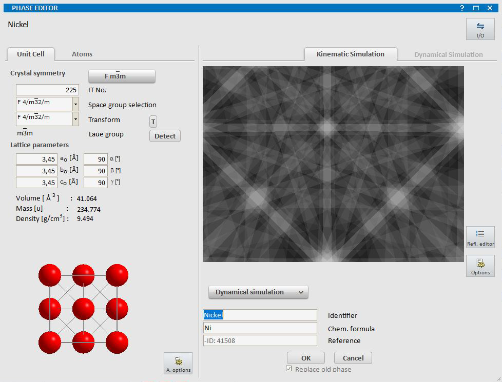 Abb. 3: Kristallographische Informationen zur Nickel-Matrixphase mit kubischer fcc-Struktur, Darstellung der Einheitszelle mit dem entsprechenden sphärischen Kikuchi-Pattern (kinematische Simulation). 