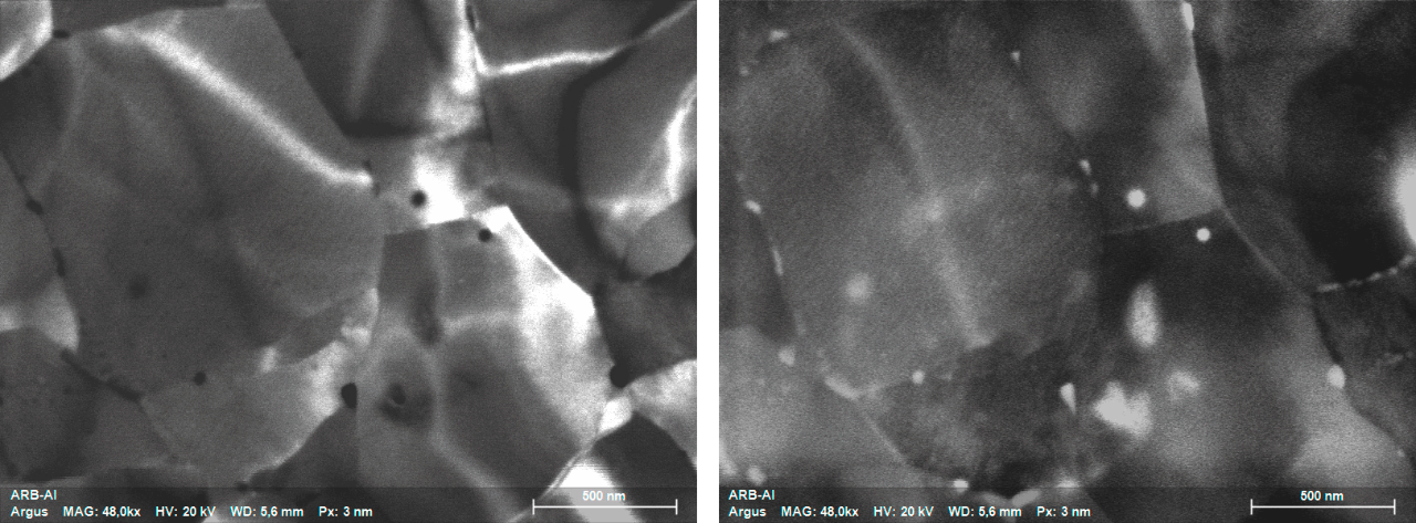 Gleichzeitig aufgenommenes Hellfeld-(links) und Dunkelfeld-Bild (rechts) einer stark verformten Aluminium-Legierung (ARB), die Ausscheidungen an den Korngrenzen zeigt.