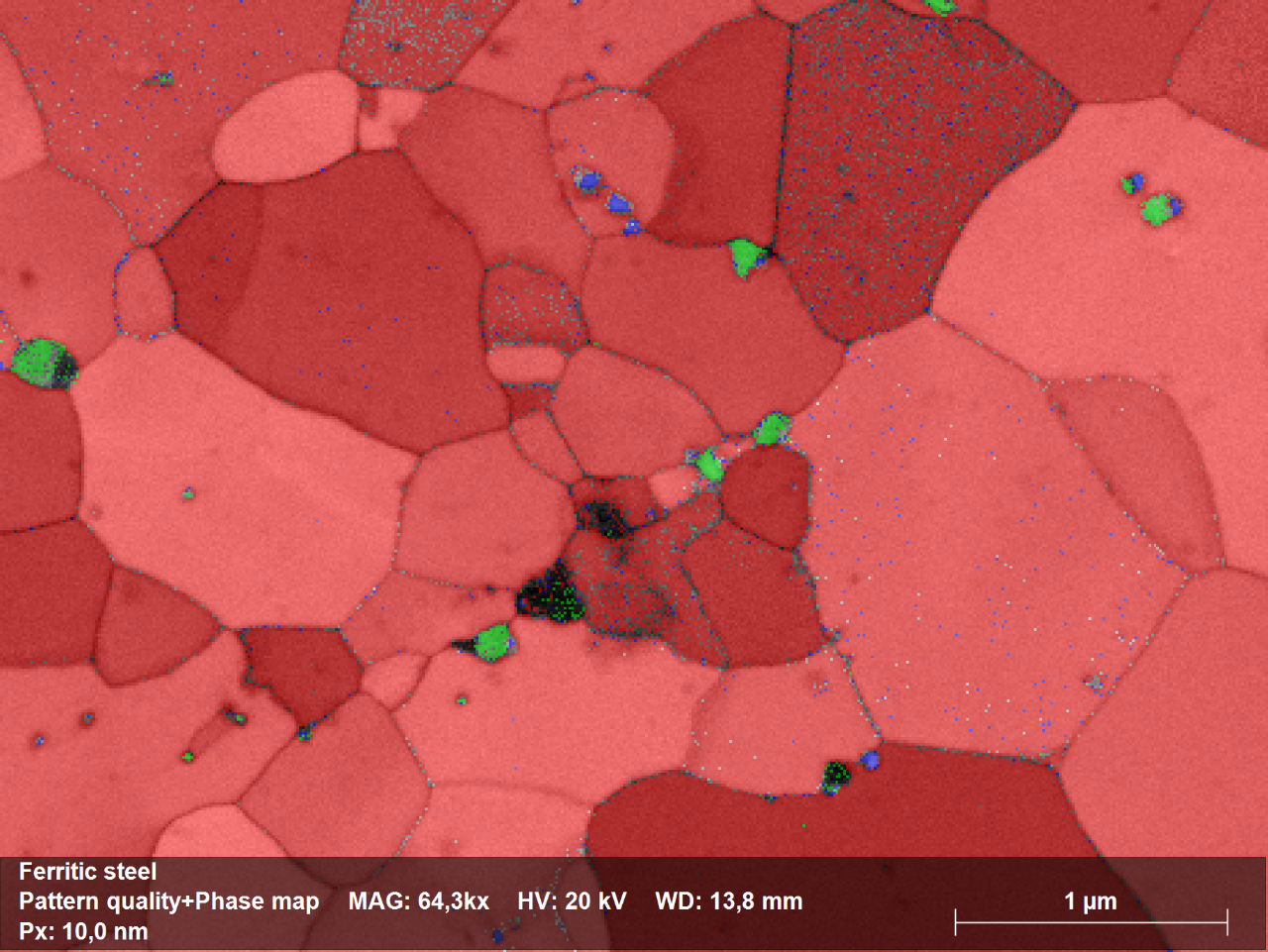 Die Datenneuauswertung mit Hilfe der EDS-gestützter Quantifizierung resultiert in einem EBSD-Phasenmap ohne Fehlindizierung. 