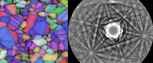 Links: 3 nm große Zwillingskorngrenzen (IPF Z-Map, On-Axis TKD mit 1,5 nm Schrittweite), rechts: Beugungsmuster (Pattern) der dünnen Au-Schicht