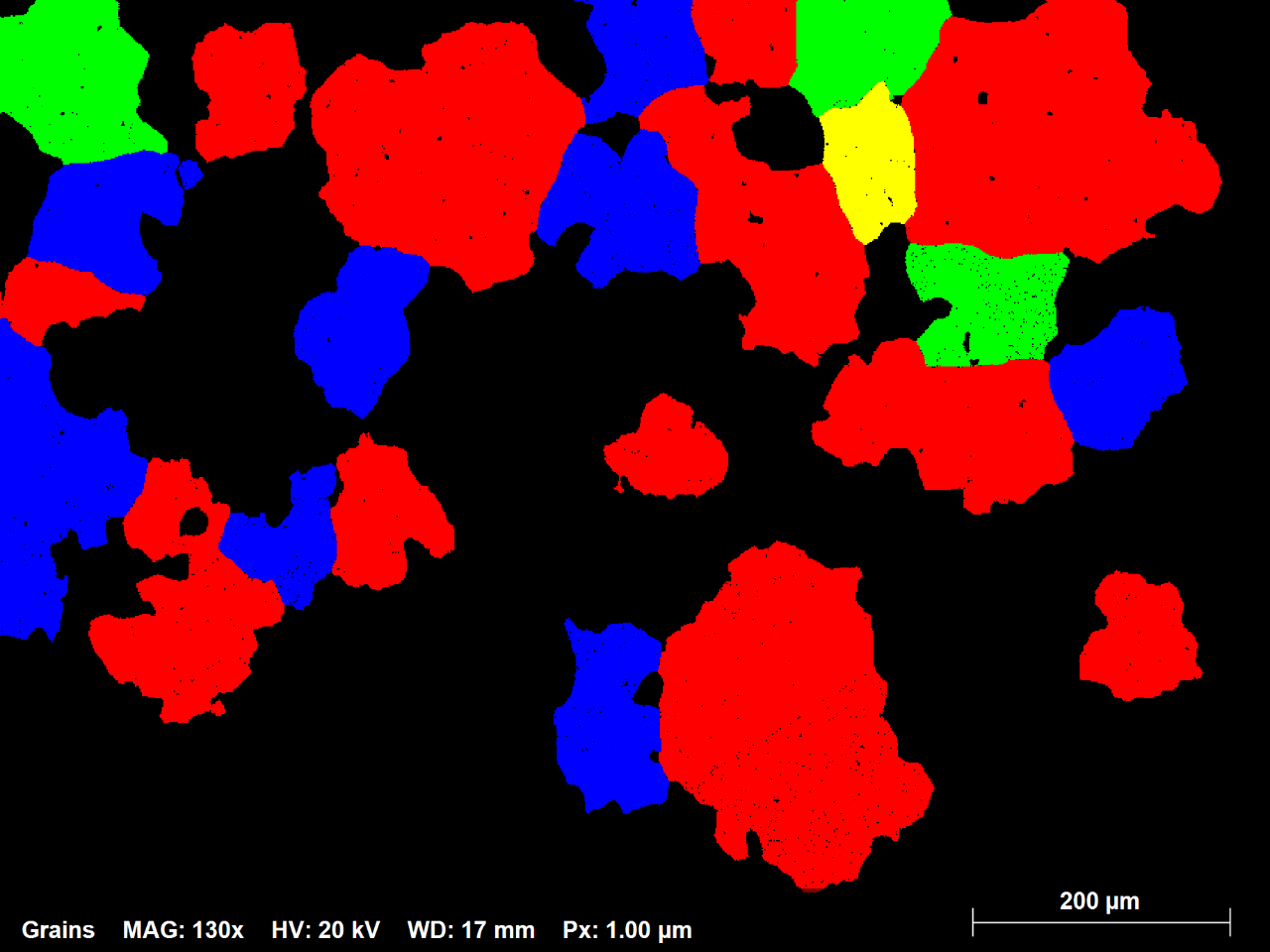 Abb. 1.3: Teilmenge des EBSD-Maps der Ni-Legierung, die in Zufallsfarben alle Körner mit einem Äquivalentdurchmesser größer als 70 Mikrometer anzeigt. 1% der Gesamtzahl der Körner machen 42% der Mapfläche aus.