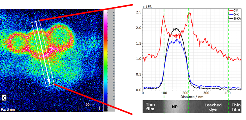 Das aus dem Elementverteilungsbild in Falsch-Farben extrahierte Linienprofil belegt einen Durchmesser von 100 nm für die Silizium-Nanopartikel.