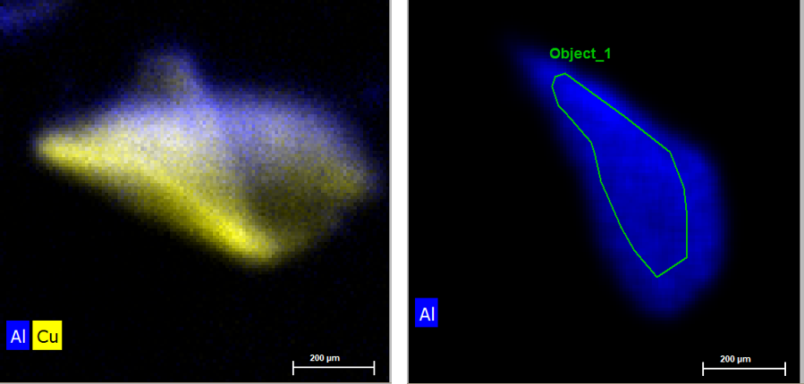 Maps von verschiedenen Al-Spänen. Die Probe ist dort am dicksten, wo die Farbdarstellung am intensivsten ist. Das linke Bild zeigt ein Al-Partikel von etwa 500 µm Breite. Dieses Teilchen ist gefaltet, was im optischen Bild nicht zu erkennen war. Das rechte Bild zeigt ein noch kleineres Teilchen, welches insgesamt dicker ist als die erste Probe. Die Dickeninformation erhält man am einfachsten durch ein schnelles Map des gesamten Partikels.