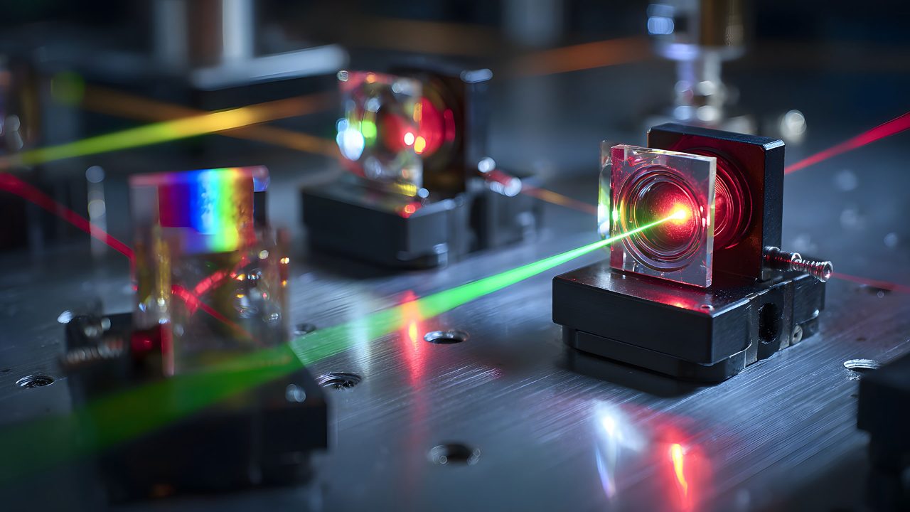 Versuchsaufbau für Laseroptik zur Erforschung und Entwicklung von Photonik- und Quantentechnologiesystemen.