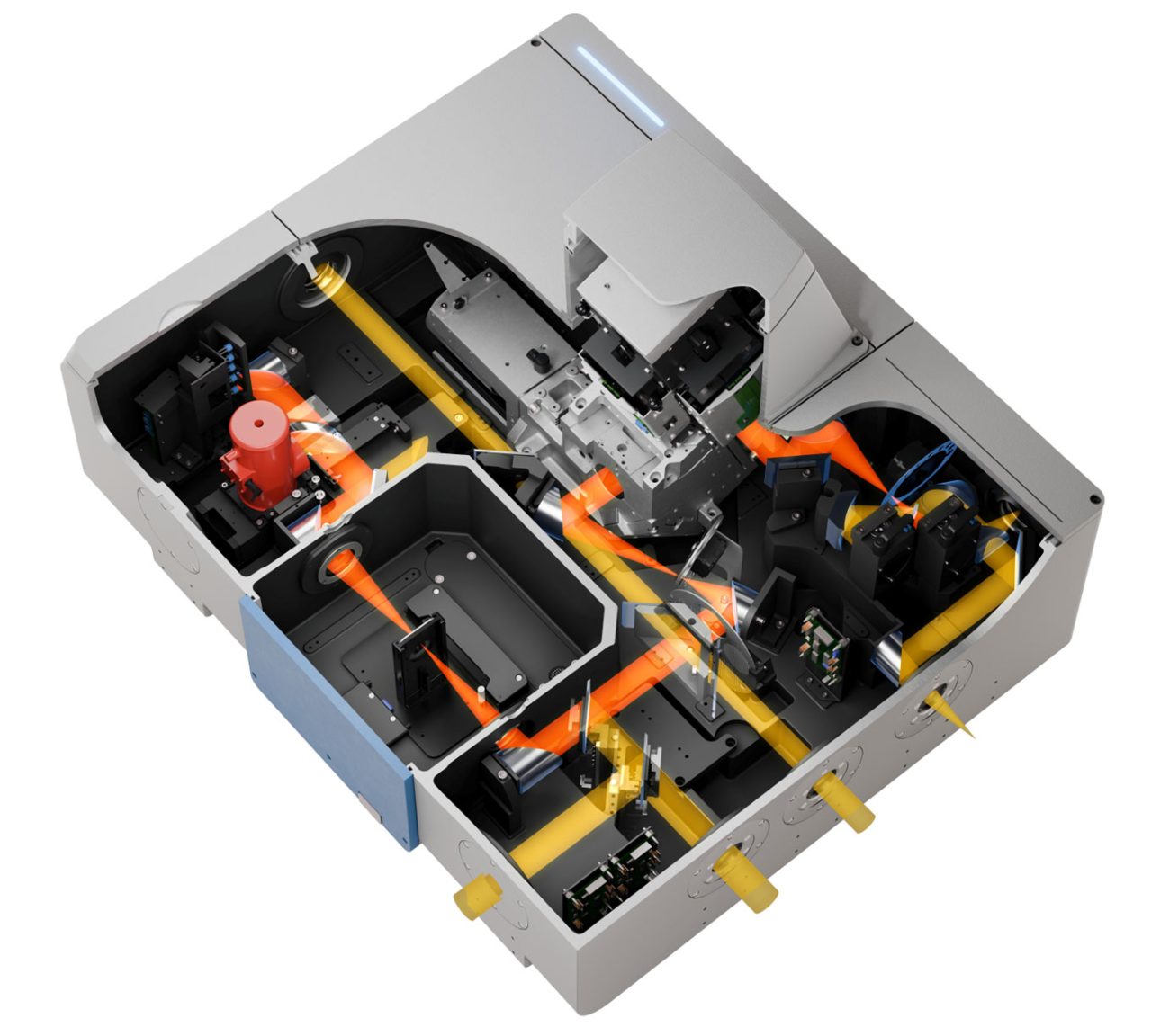 Innenansicht des VERTEX NEO Ultra. Zeigt Strahlungsquellen, interne Detektoren, Strahlteiler und den Strahlengang.