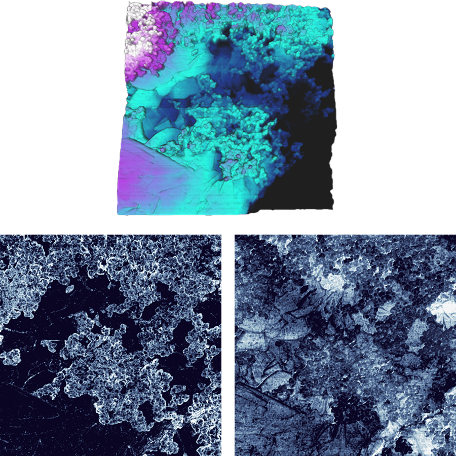 Conductive atomic force microscopy (QI™-CAFM) height, adhesion, and current images on battery electrode