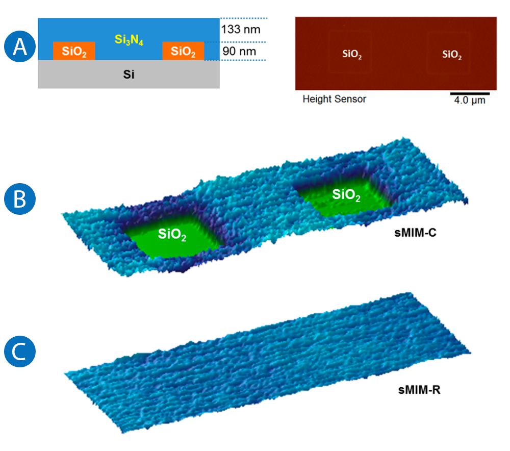 Buried structure reference sample on Si wafer with SiO2 and Si3N4 layers; sMIM-C shows dielectric contrast, sMIM-R shows none.