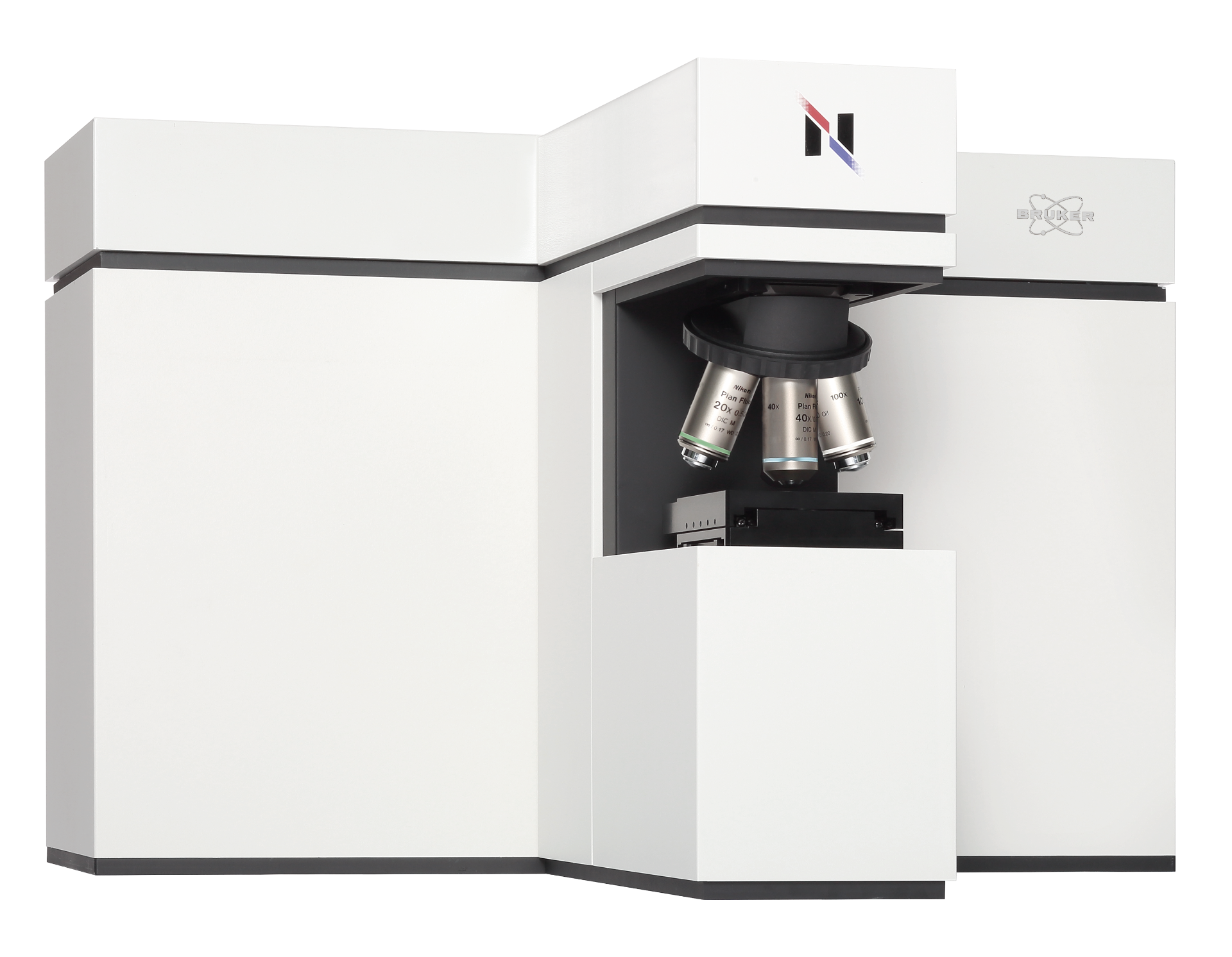 High-performance Raman microscope by Bruker featuring multiple objective lenses and a sleek, modern design for advanced chemical analysis and imaging.
