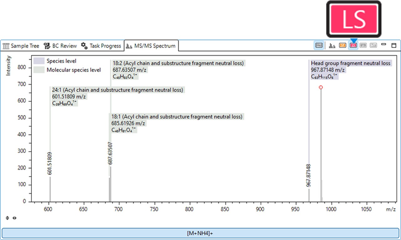 Rule-based Lipid Species annotation avoids the risk of over annotation and streamlines the automated identification of lipid features. By applying selected fragmentation rules, MetaboScape® annotates and visualizes characteristic fragment peaks with their m/z value and ion formula