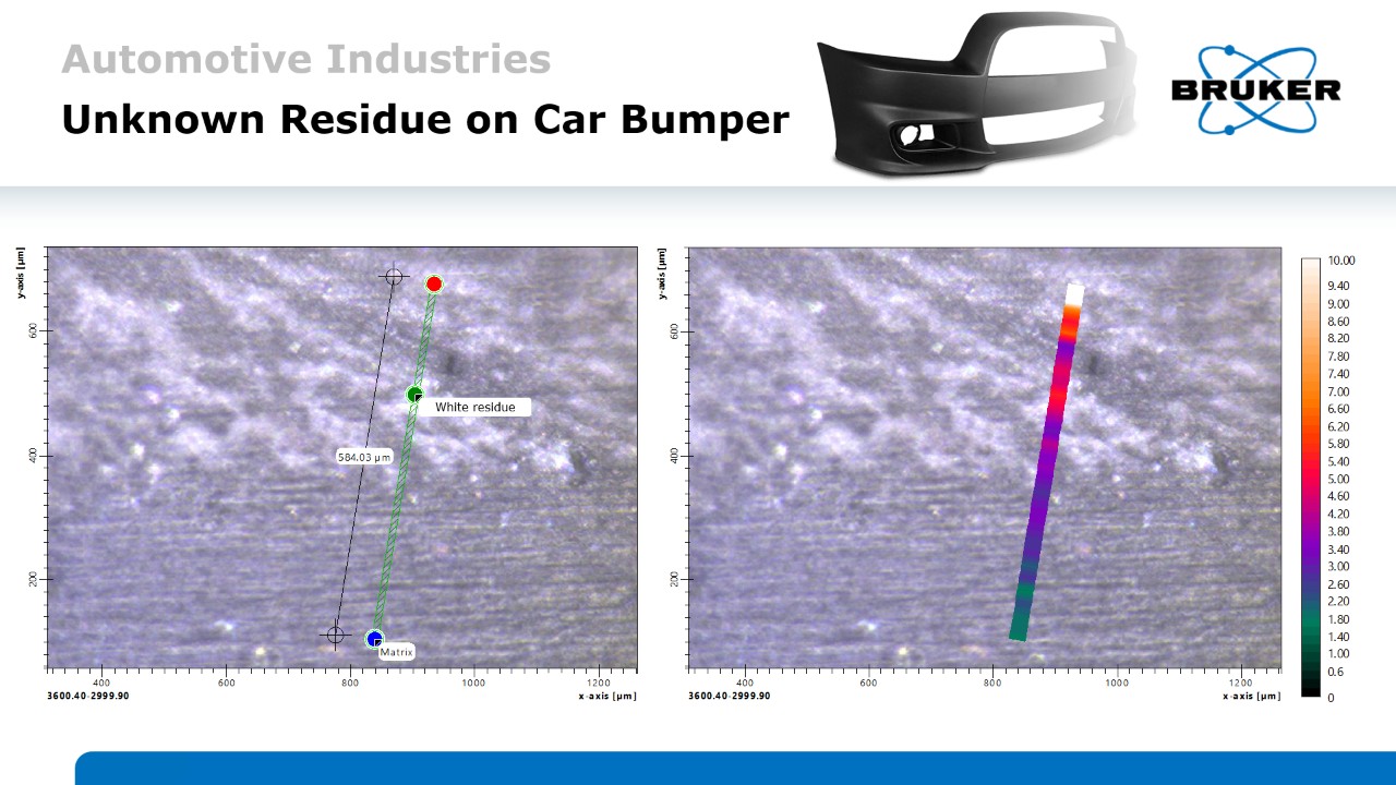 Two pictures of black polymers showing an off-white residue to be analyzed by FT-IR Microscopy