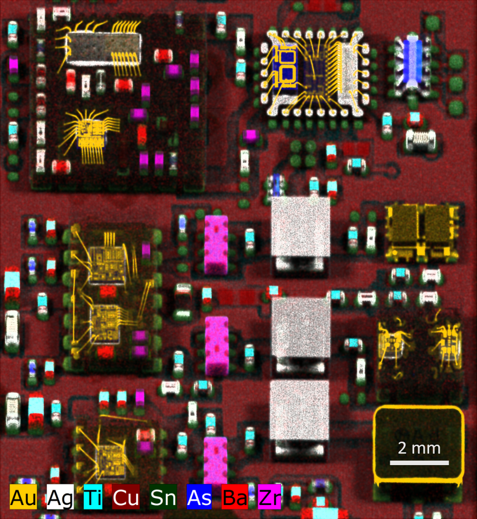 Populated PCB of a mobile phone. The IC‘s plastic casings are transparent to the higher-energy radiation of the heavy elements like gold, silver and also arsenic. The bond wires with their diameters of only about 10 µm are well resolved without the need to lap down any parts of the sample.