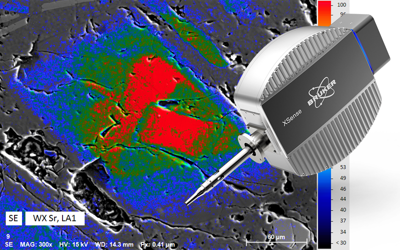 WDS elemental map show the distribution of strontium in a plagioclase sample. The Sr is most concenrated in the center of the sample. The XSense WDS detector is overlaid.