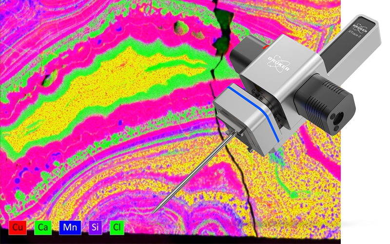 Elemental map of mineral sample showing veins of copper, calcium, manganese, silicon and chlorine. Overlaid is the Xtrace2 X-ray source for micro-XRF on SEM.