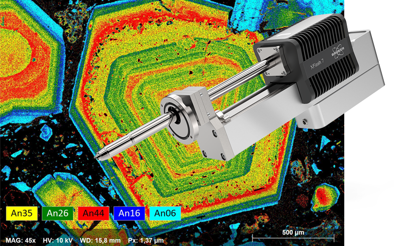 Composite image of an elemental map of a volcanic rock sample showing clear rings corresponding to magmatic evolution. An XFlash 7 EDS detector, which was used to measure this sample, is overlaid.