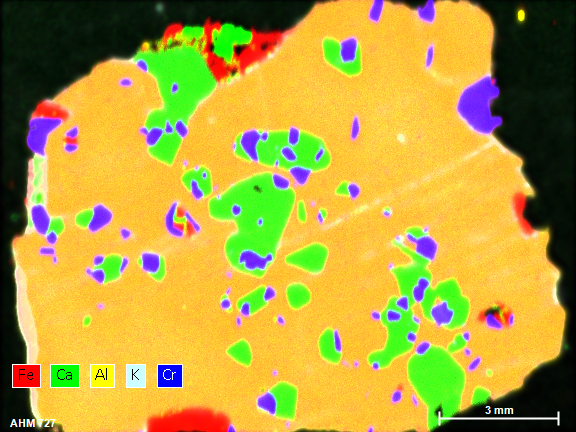 Elemental map of iron, calcium, aluminium, potasum and chronium in a geological thin section taken using an EDS detector with a micro-XRF source allowing for measurements over large sample areas.